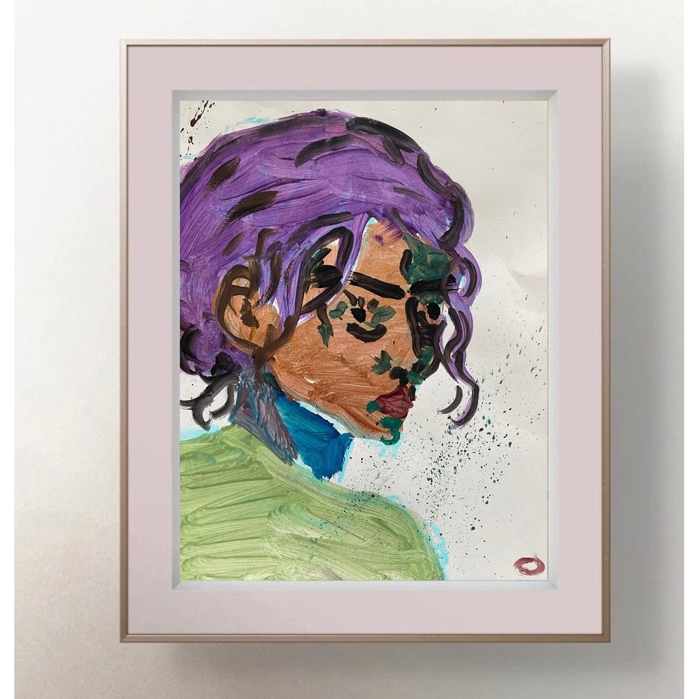 Original Abstract Portrait Painting Purple Hair Mixed Media 8.5x11